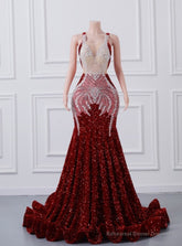 Burgundy Mermaid Sequins Backless Prom Dress